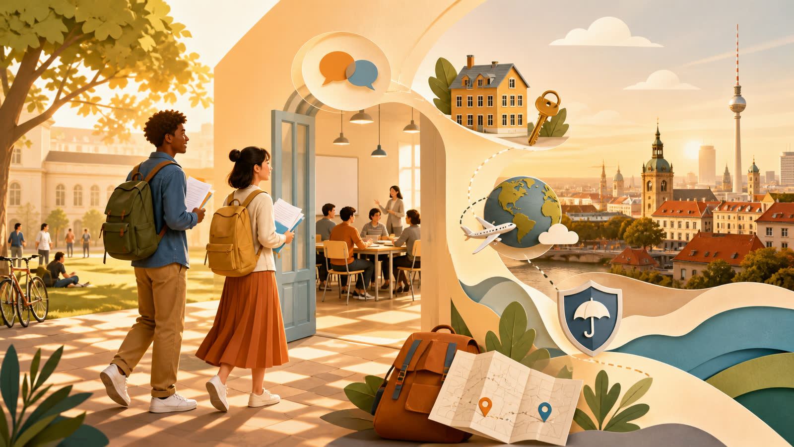 暖橙色国际学生走向德国大学暑期语言课堂并获得住宿与旅行资助的原创插画