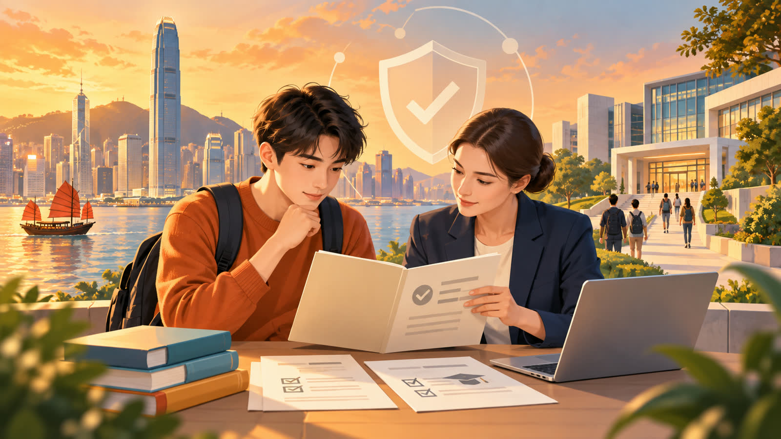 暖橙色香港城市与大学背景下,申请者和顾问核验学历材料的原创编辑插画
