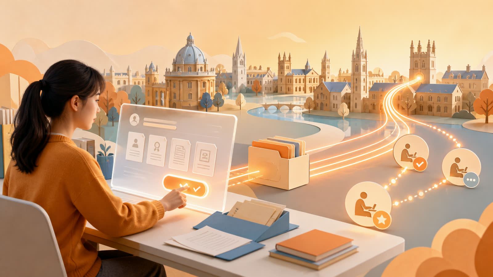 暖橙色中国学生完成英国本科在线申请并通向多所大学的原创插画